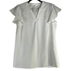 White V-Neck Ruffle Cap Sleeve Blouse Size Small
